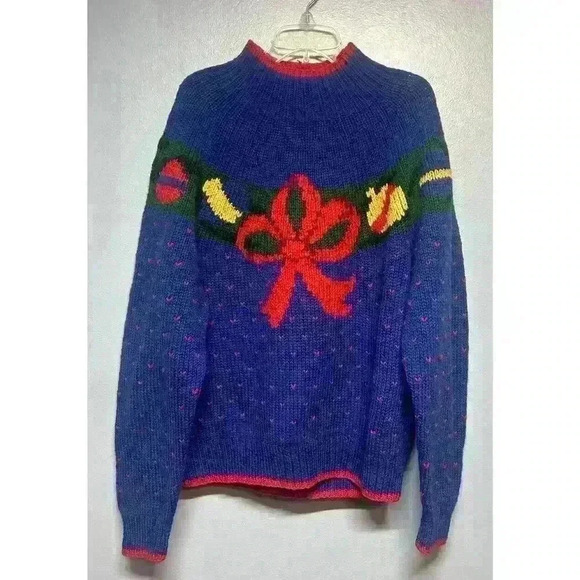 Vtg BROOKS BROTHERS 100% Wool Sweater Size Medium Christmas Bow Ornaments Xmas - Picture 1 of 9